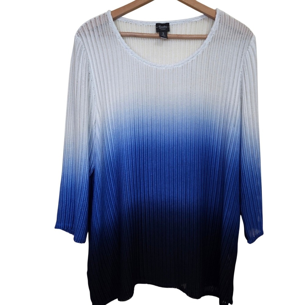 Chicos Pullover XL Blue White Ombre Knit Long Sleeve Top Open Knit Open Weave